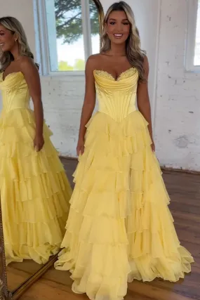 A Line Chiffon Sweetheart Blue Tiered Long Prom Dresses