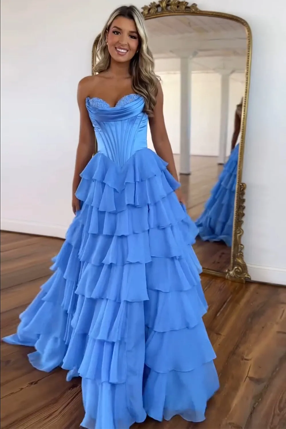 A Line Chiffon Sweetheart Blue Tiered Long Prom Dresses