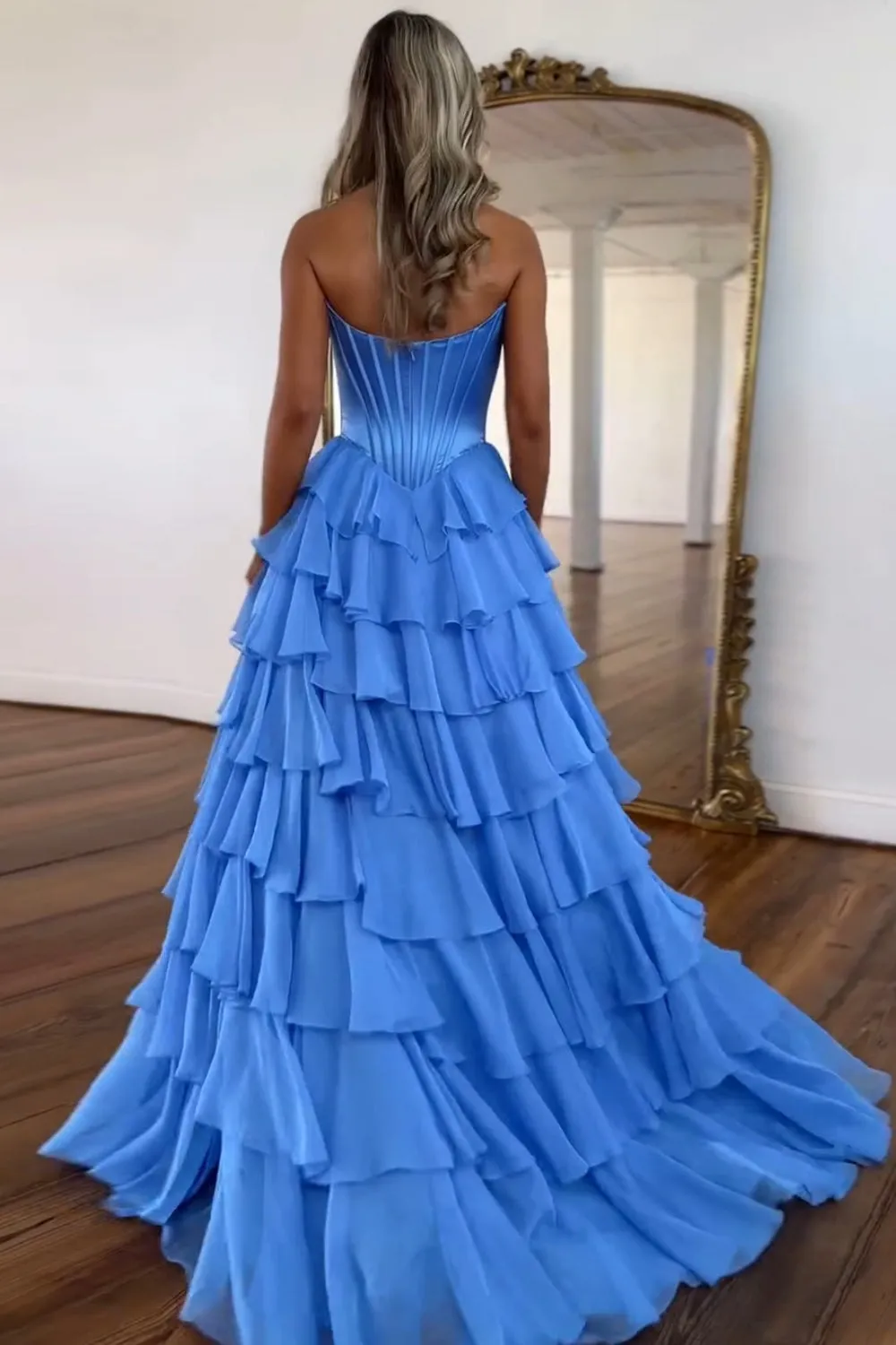 A Line Chiffon Sweetheart Blue Tiered Long Prom Dresses