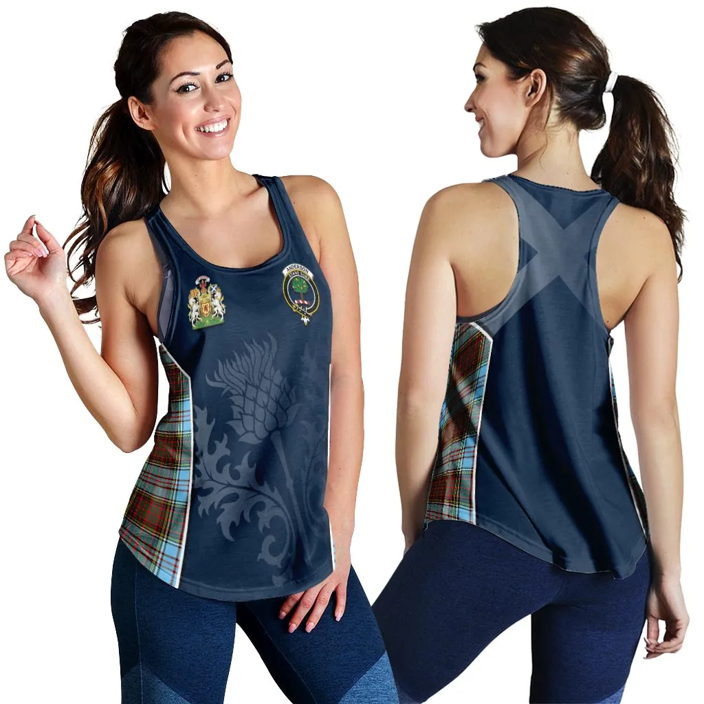 Anderson Ancient Tartan Women's Racerback Tanks with Family Crest and Scottish Thistle Vibes Sport Style