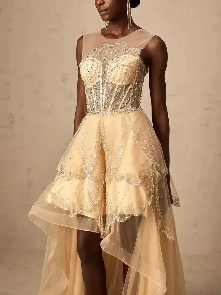 Asymmetrical Corset Style Tulle Sleeveless Gown in Champagne