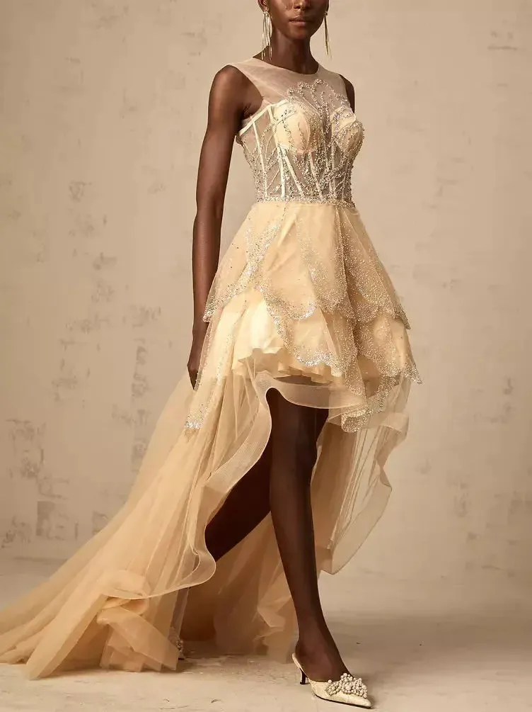 Asymmetrical Corset Style Tulle Sleeveless Gown in Champagne