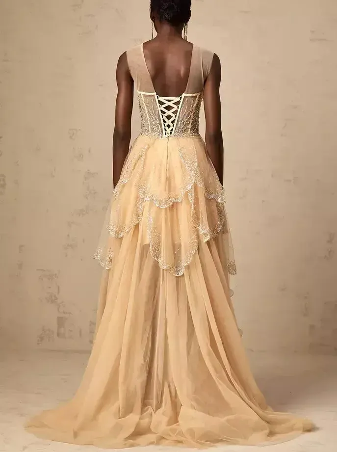 Asymmetrical Corset Style Tulle Sleeveless Gown in Champagne