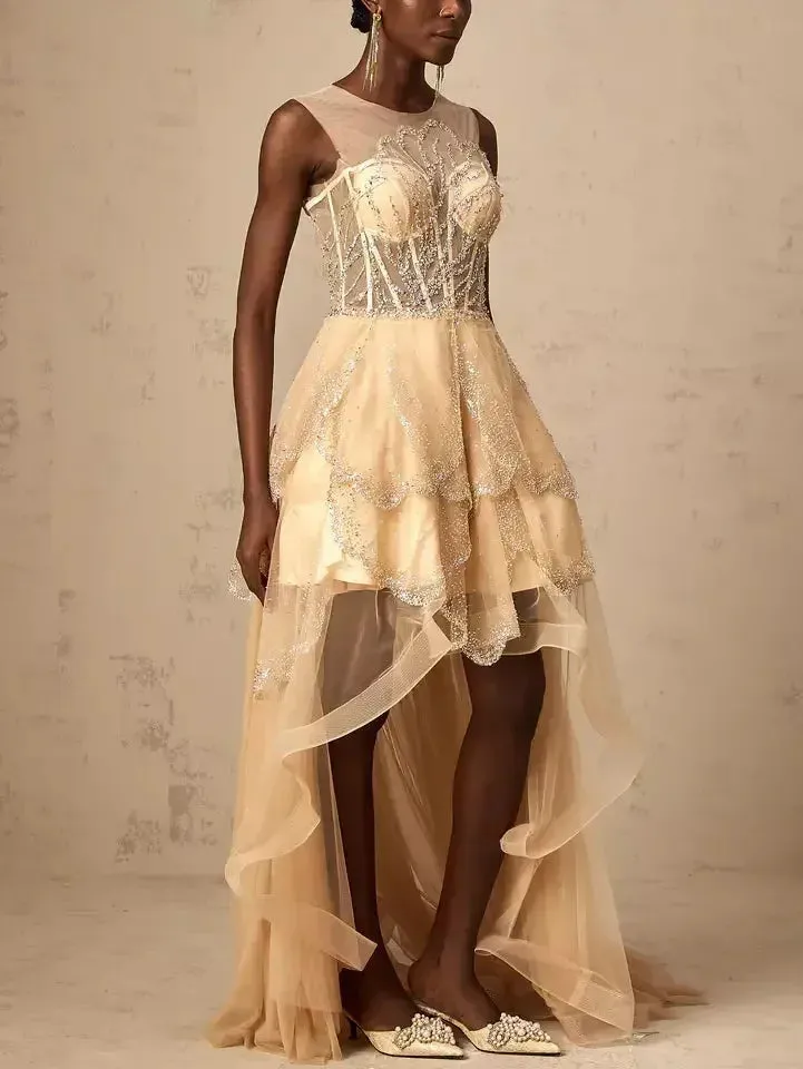 Asymmetrical Corset Style Tulle Sleeveless Gown in Champagne