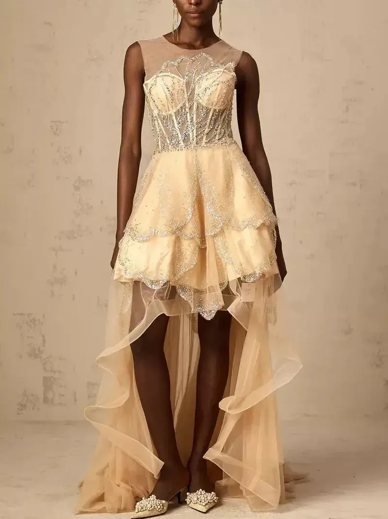 Asymmetrical Corset Style Tulle Sleeveless Gown in Champagne