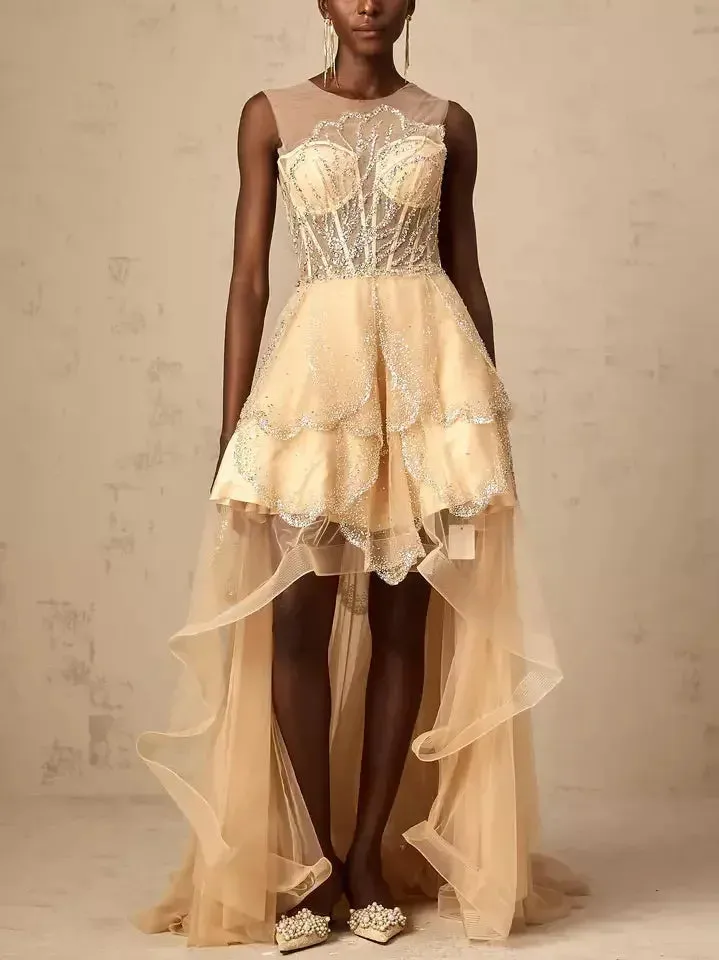 Asymmetrical Corset Style Tulle Sleeveless Gown in Champagne