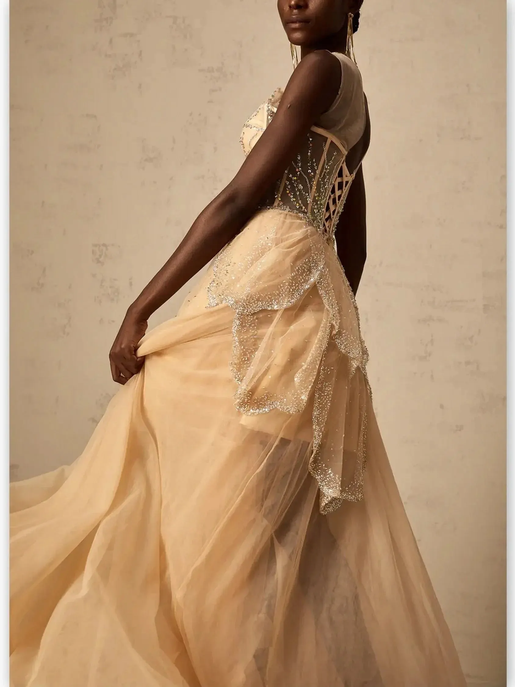 Asymmetrical Corset Style Tulle Sleeveless Gown in Champagne