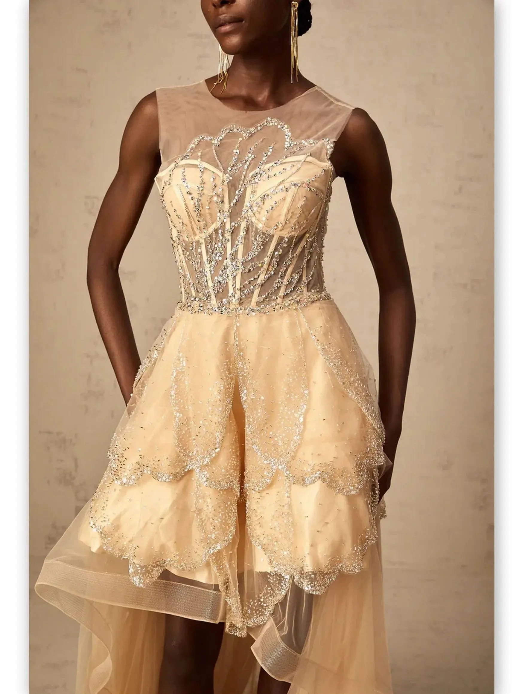 Asymmetrical Corset Style Tulle Sleeveless Gown in Champagne