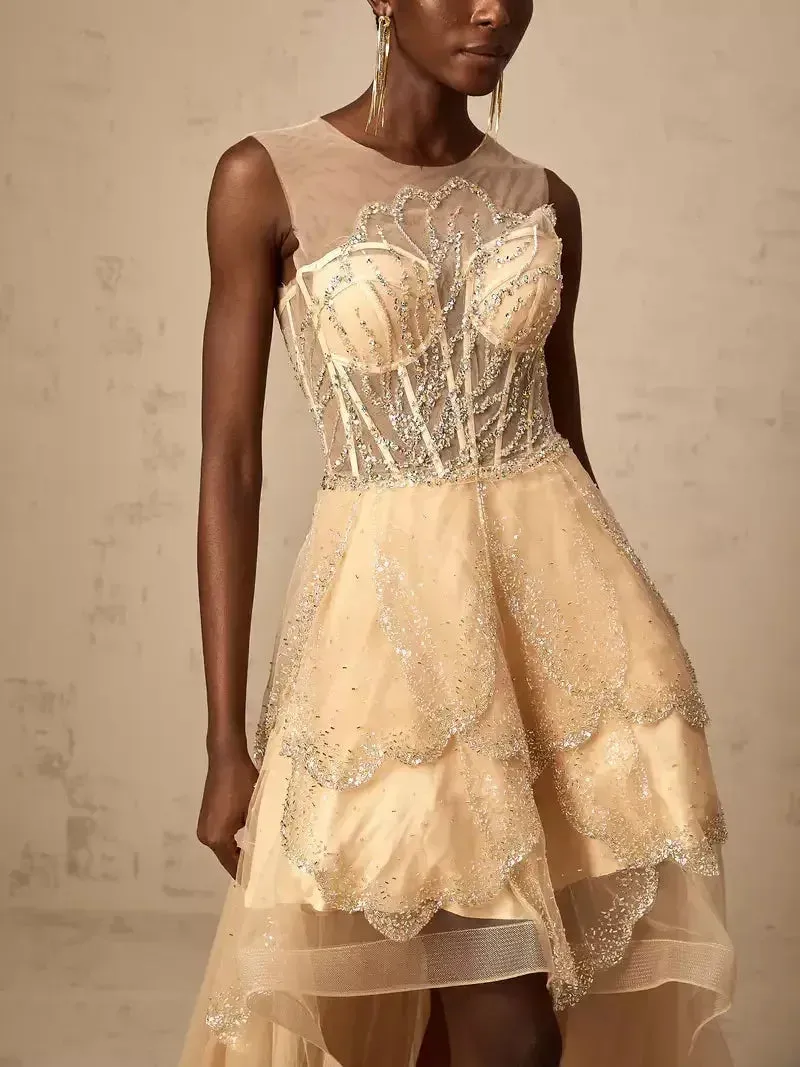 Asymmetrical Corset Style Tulle Sleeveless Gown in Champagne