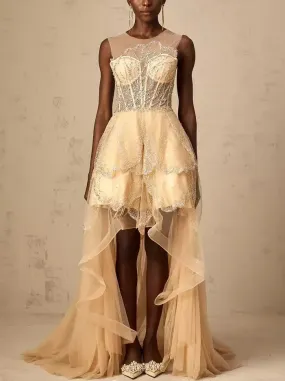 Asymmetrical Corset Style Tulle Sleeveless Gown in Champagne