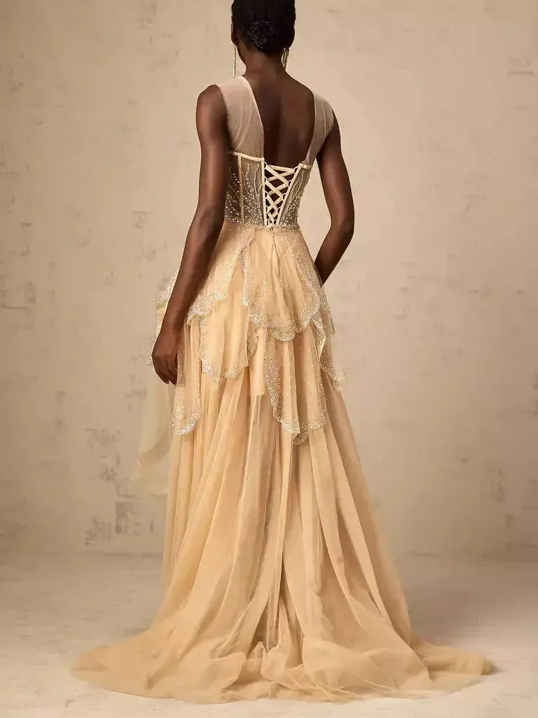 Asymmetrical Corset Style Tulle Sleeveless Gown in Champagne