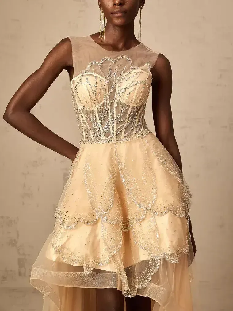 Asymmetrical Corset Style Tulle Sleeveless Gown in Champagne