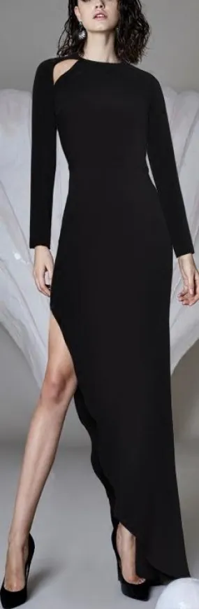 Asymmetrical Cut-Out Long-Sleeve Gown, Black