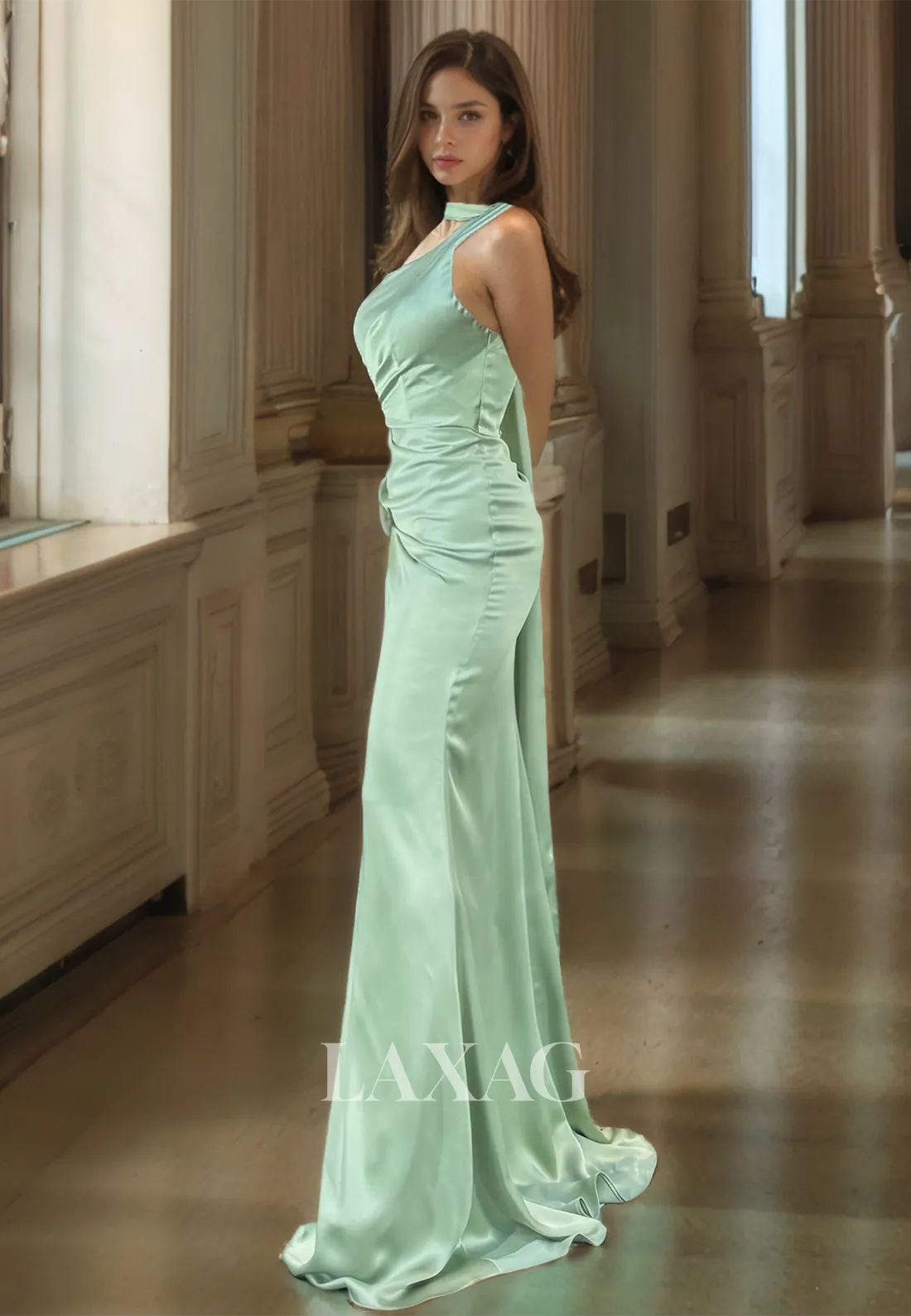 Asymmetrical Halter-Neck One-Strap Sleeveless Pleated Satin Mermaid Prom Dress with High Slit