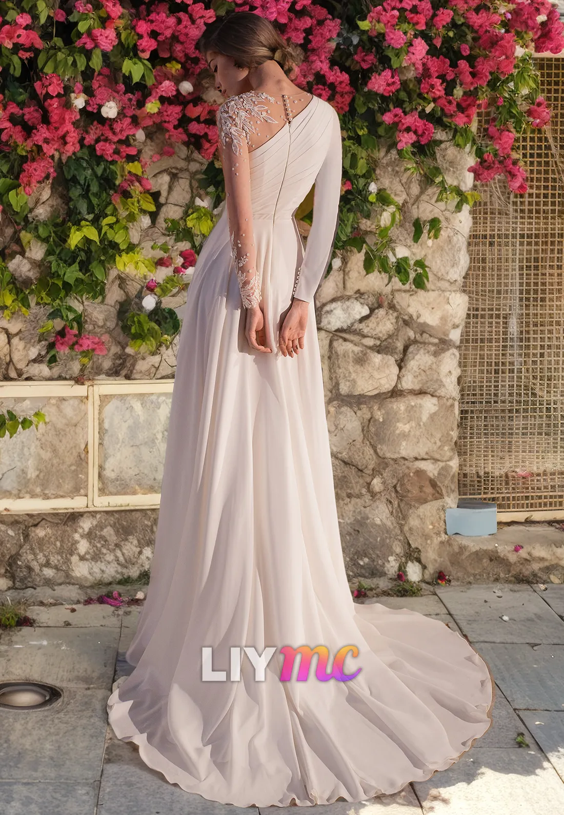 Asymmetrical Long Sleeves Appliques Pleated Chiffon Beach Wedding Dress