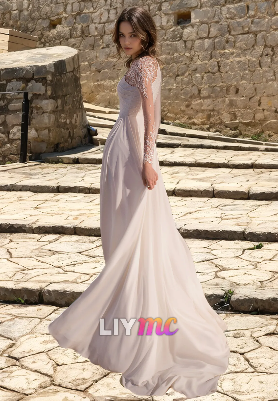 Asymmetrical Long Sleeves Appliques Pleated Chiffon Beach Wedding Dress