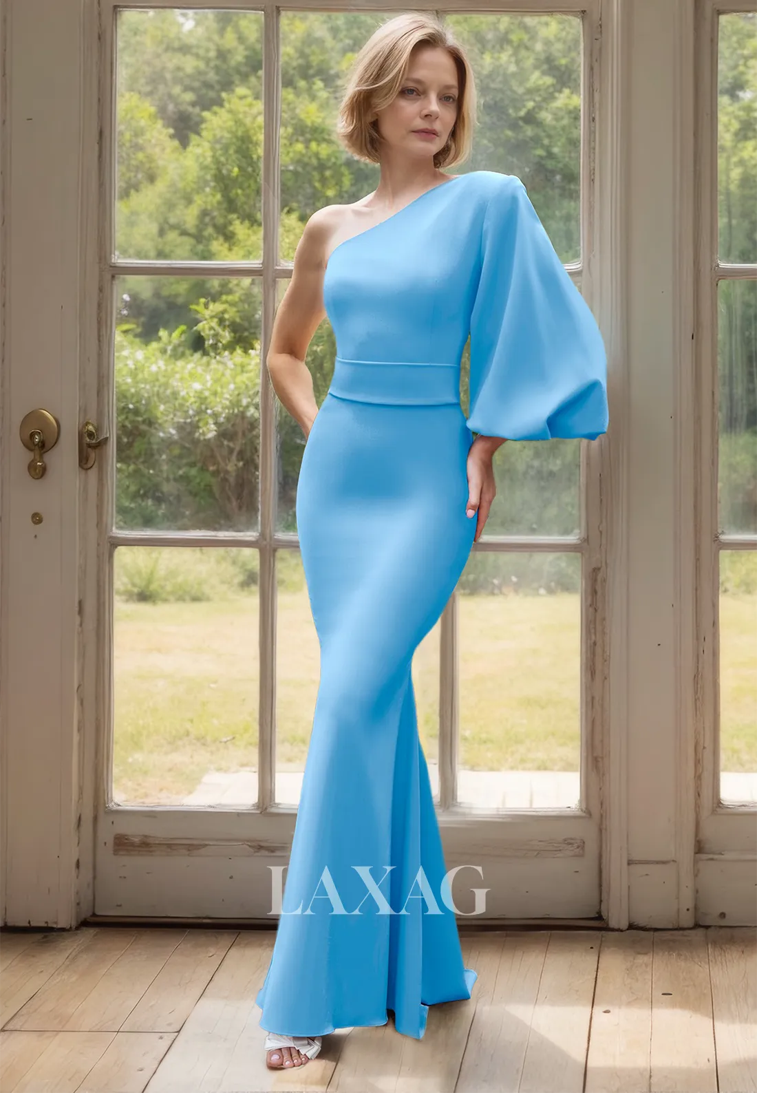 Asymmetrical-Neck One-Puff-Sleeve Off-Shoulder Floor-Length Satin Mermaid Mother of the Bride Dress