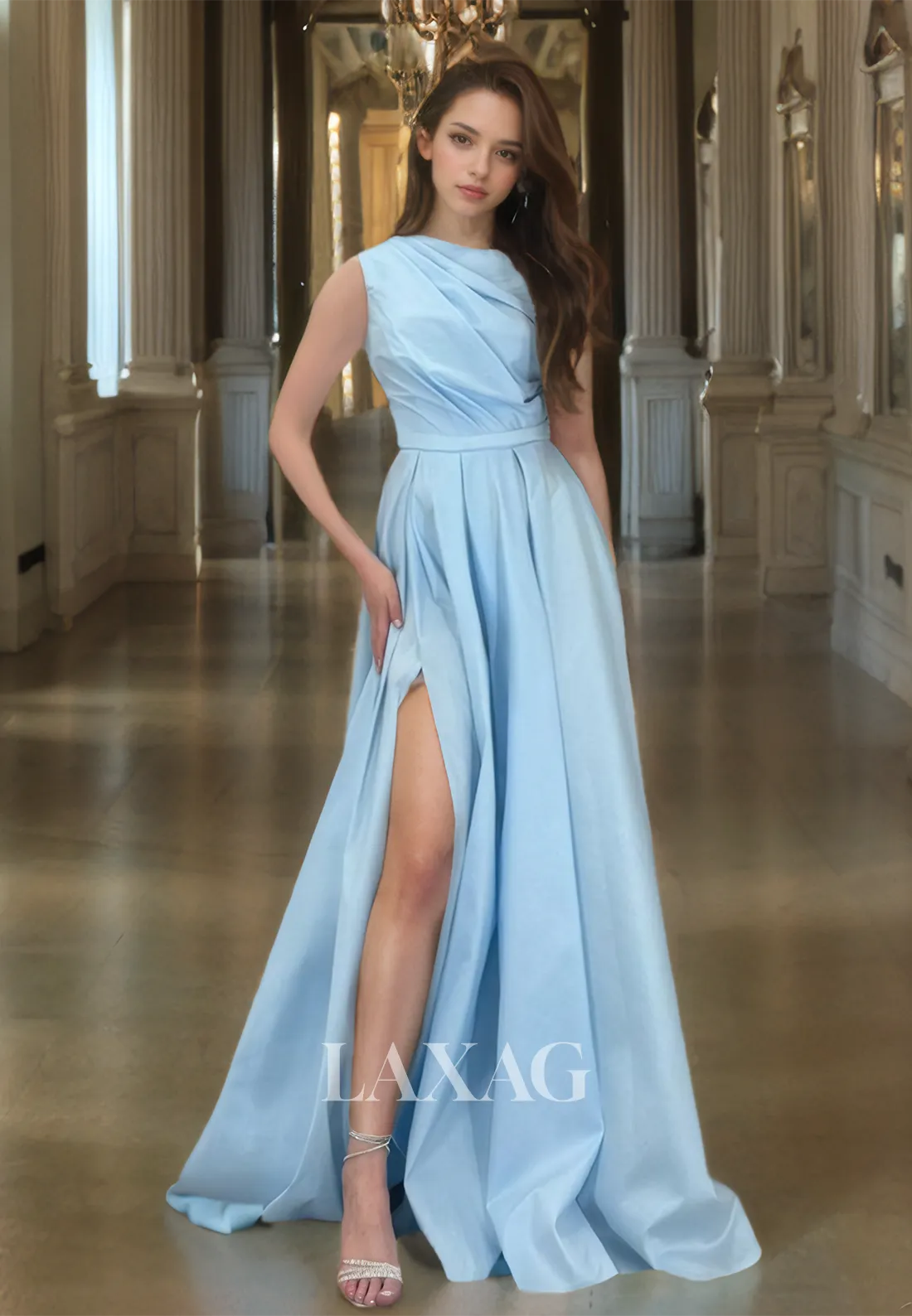 Asymmetrical-Neck Sleeveless Pleated A-Line Prom Dress Floor-Length Slit Chiffon Formal Party Dress