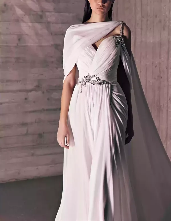 Asymmetrical Silk Draped Mousseline Pure White Dress