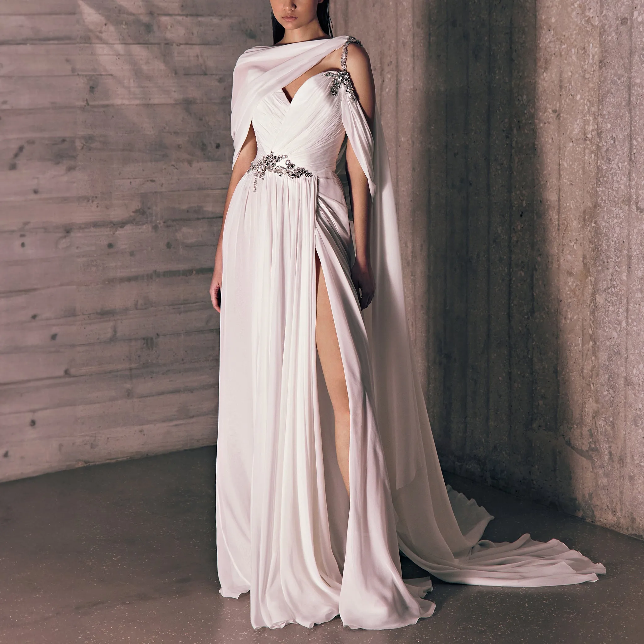 Asymmetrical Silk Draped Mousseline Pure White Dress