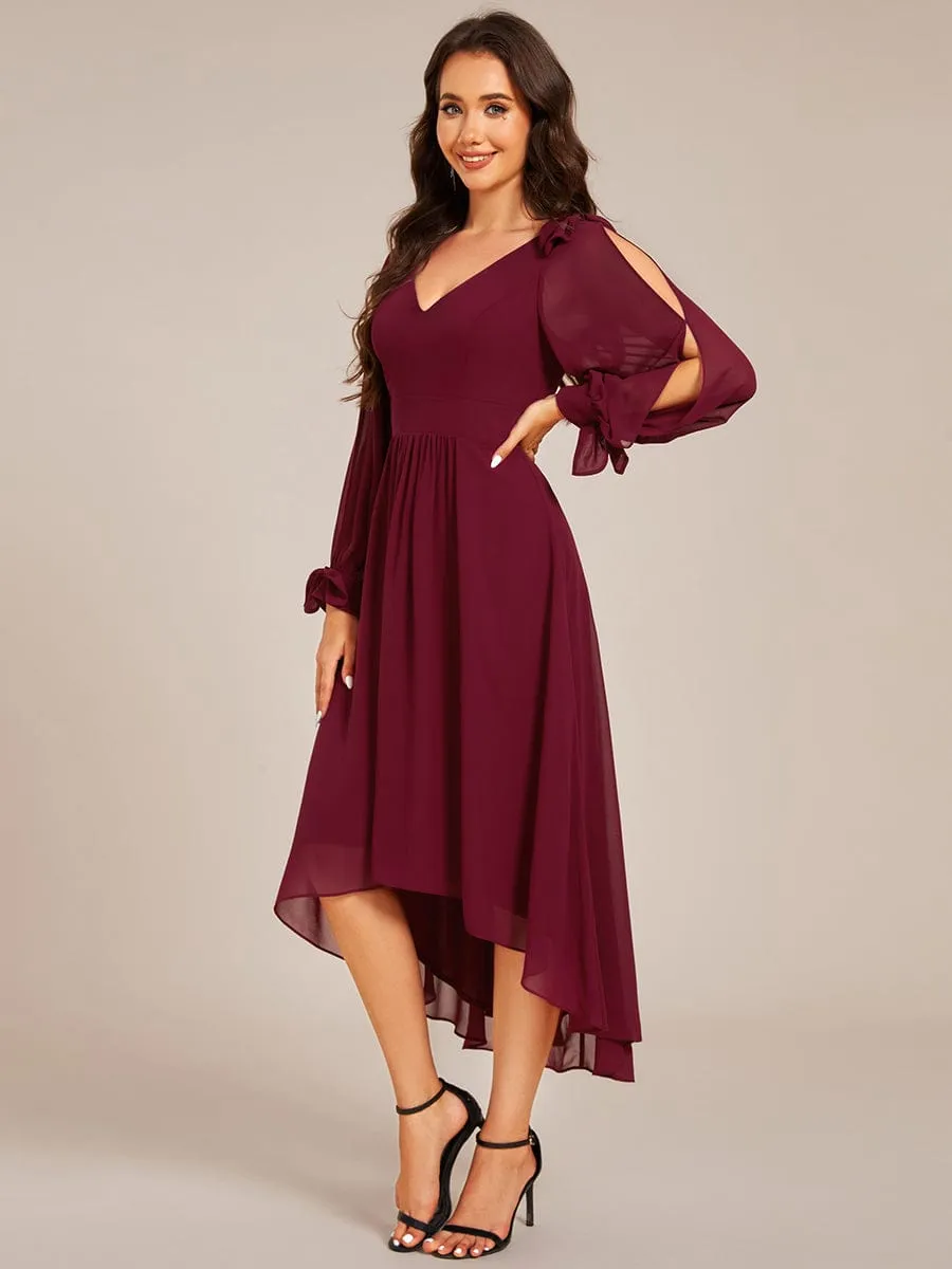 Audrey | Long Sleeve V-Neck Midi Asymmetrical Hem Chiffon Bridesmaid Dress