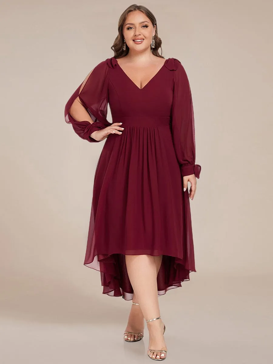 Audrey | Long Sleeve V-Neck Midi Asymmetrical Hem Chiffon Bridesmaid Dress