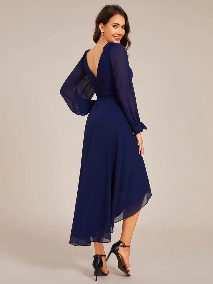 Audrey | Long Sleeve V-Neck Midi Asymmetrical Hem Chiffon Bridesmaid Dress