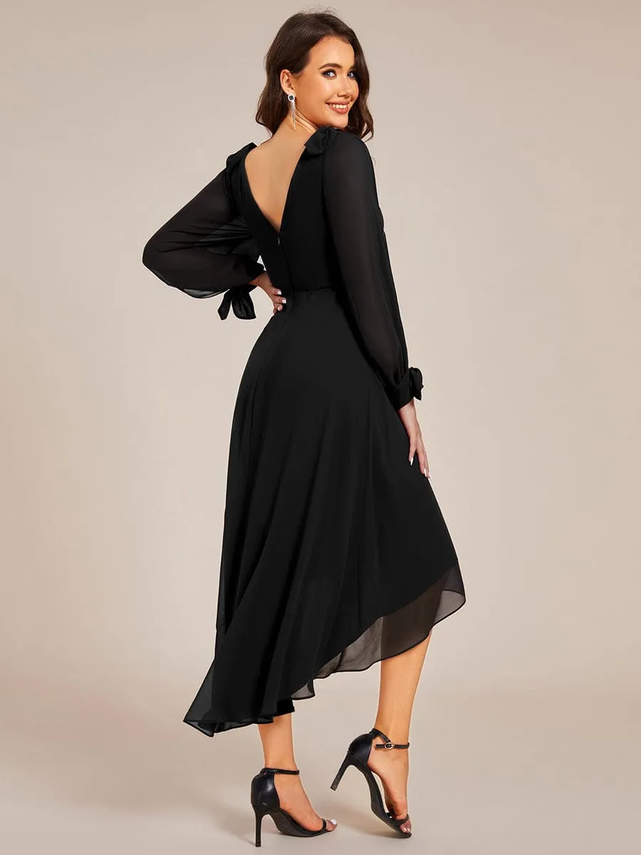 Audrey | Long Sleeve V-Neck Midi Asymmetrical Hem Chiffon Bridesmaid Dress