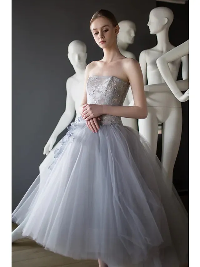 Ball Gown Prom Dresses Vintage Dress Graduation Tea Length Sleeveless Strapless Tulle with Appliques Tiered