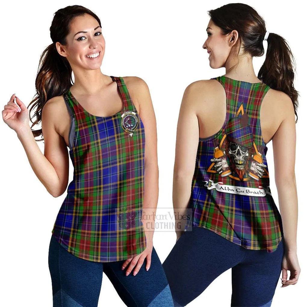 Beattie (Beatty) Tartan Women's Racerback Tanks with Family Crest and Bearded Skull Holding Bottles of Whiskey