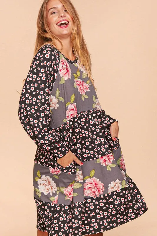 Black/Grey/Mauve Floral Clock Block Tiered Midi Dress