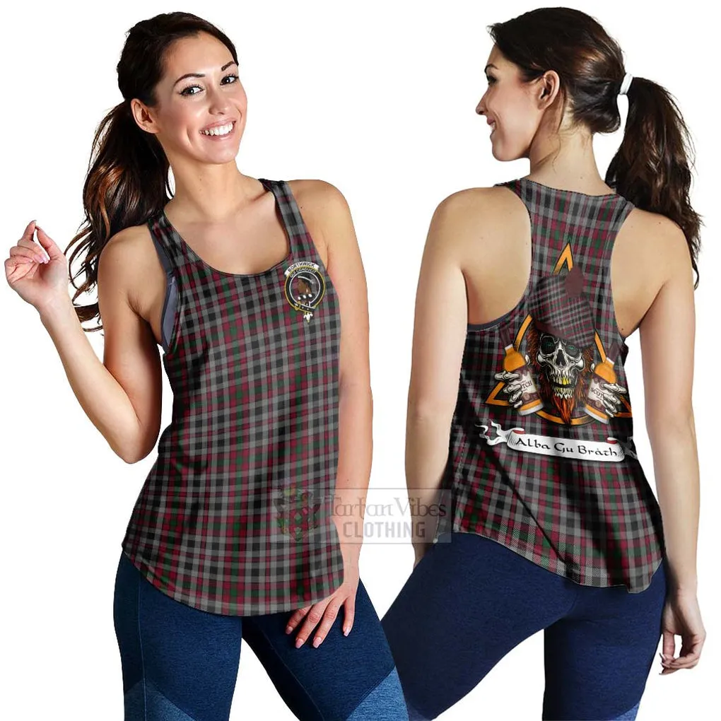 Borthwick Tartan Women's Racerback Tanks with Family Crest and Bearded Skull Holding Bottles of Whiskey