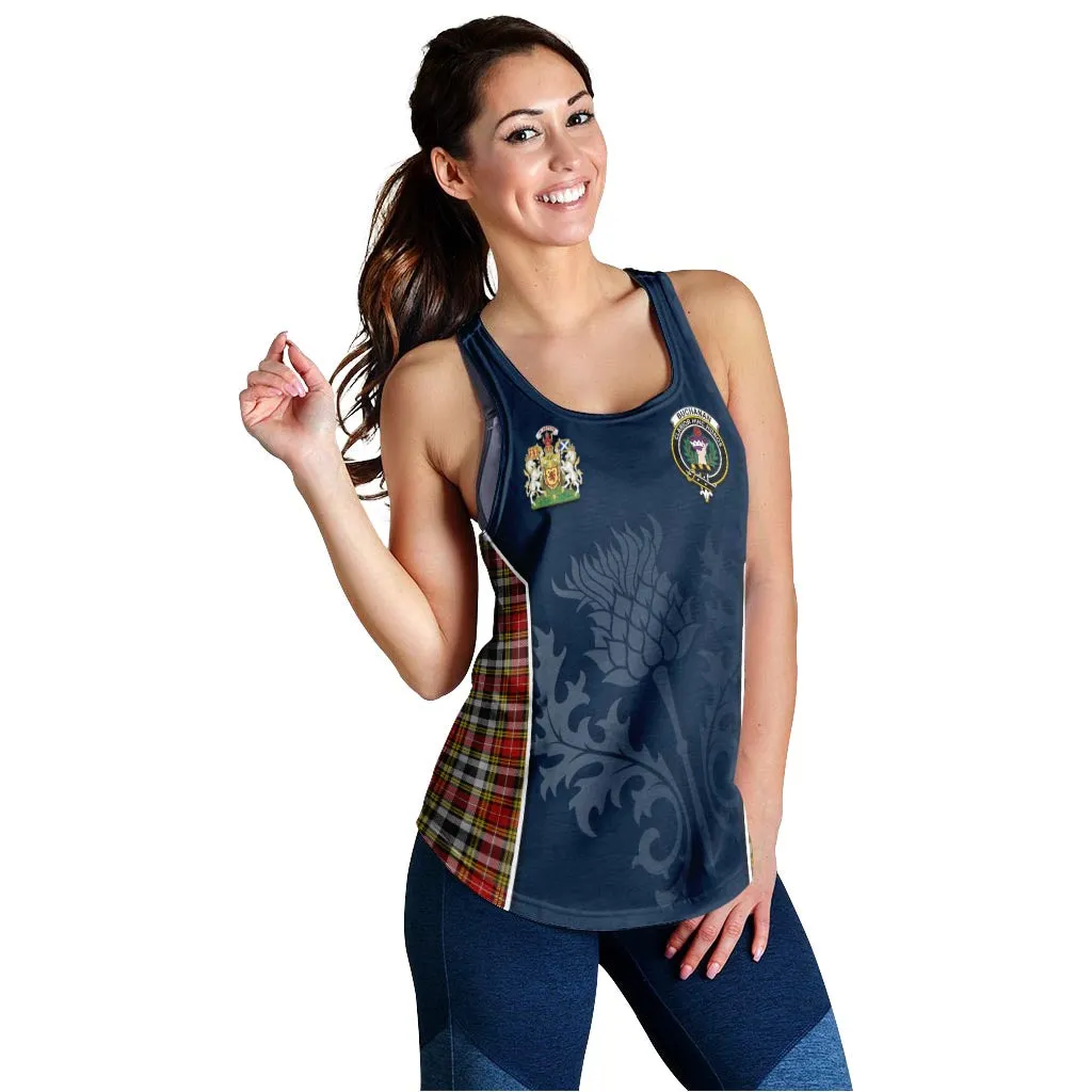 Buchanan Old Dress Tartan Women's Racerback Tanks with Family Crest and Scottish Thistle Vibes Sport Style