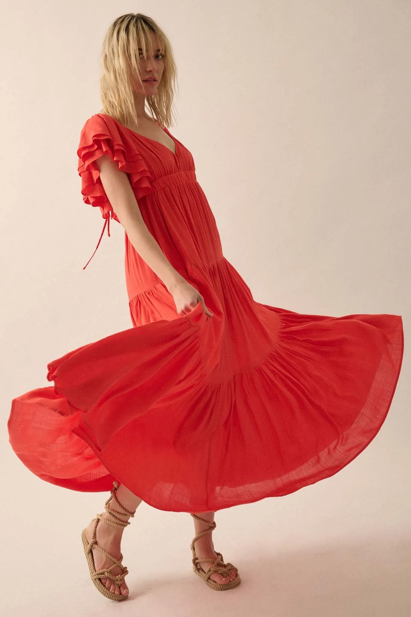 Catch the Wind Ruffle-Sleeve Tiered Maxi Dress