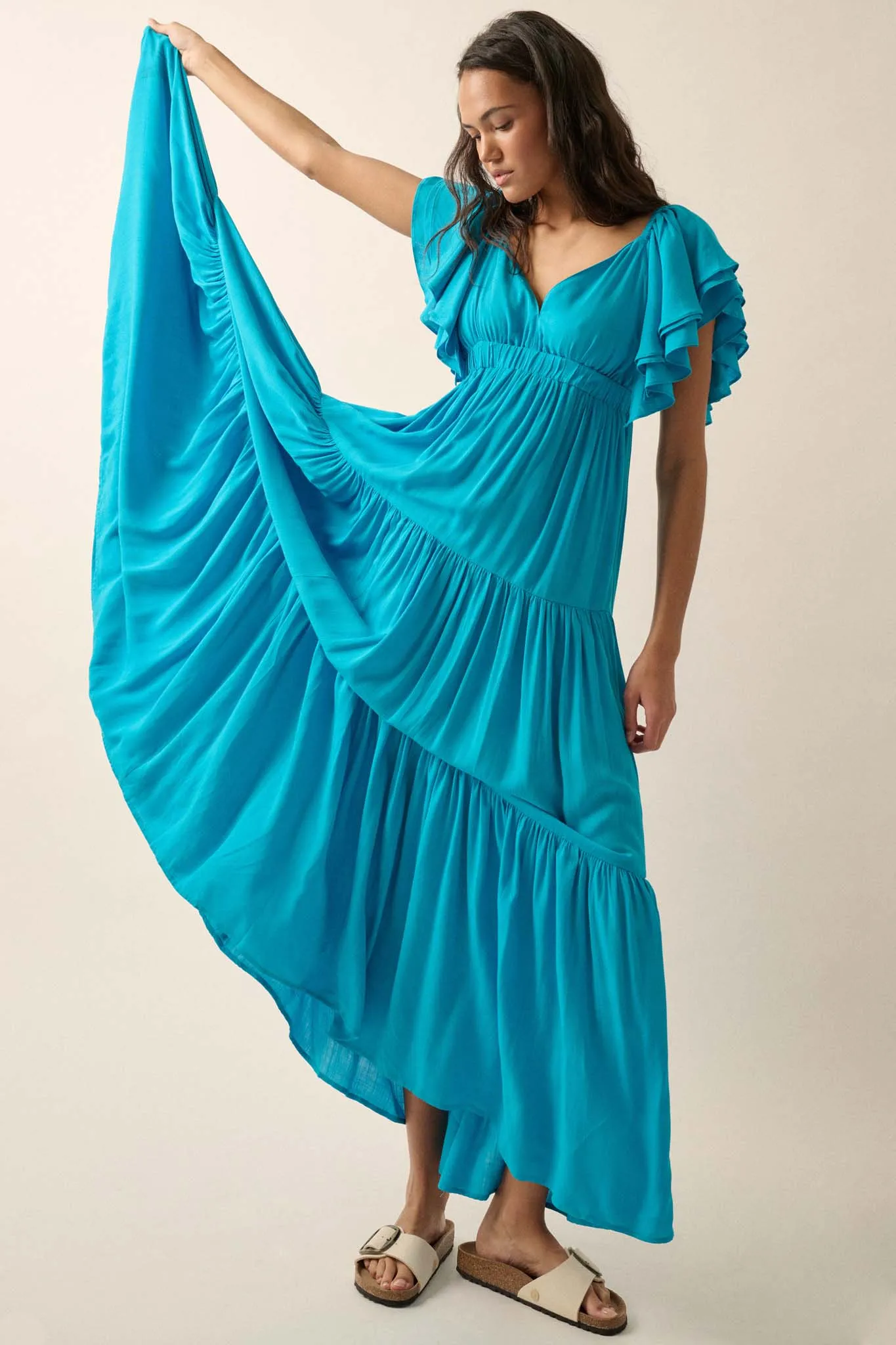 Catch the Wind Ruffle-Sleeve Tiered Maxi Dress