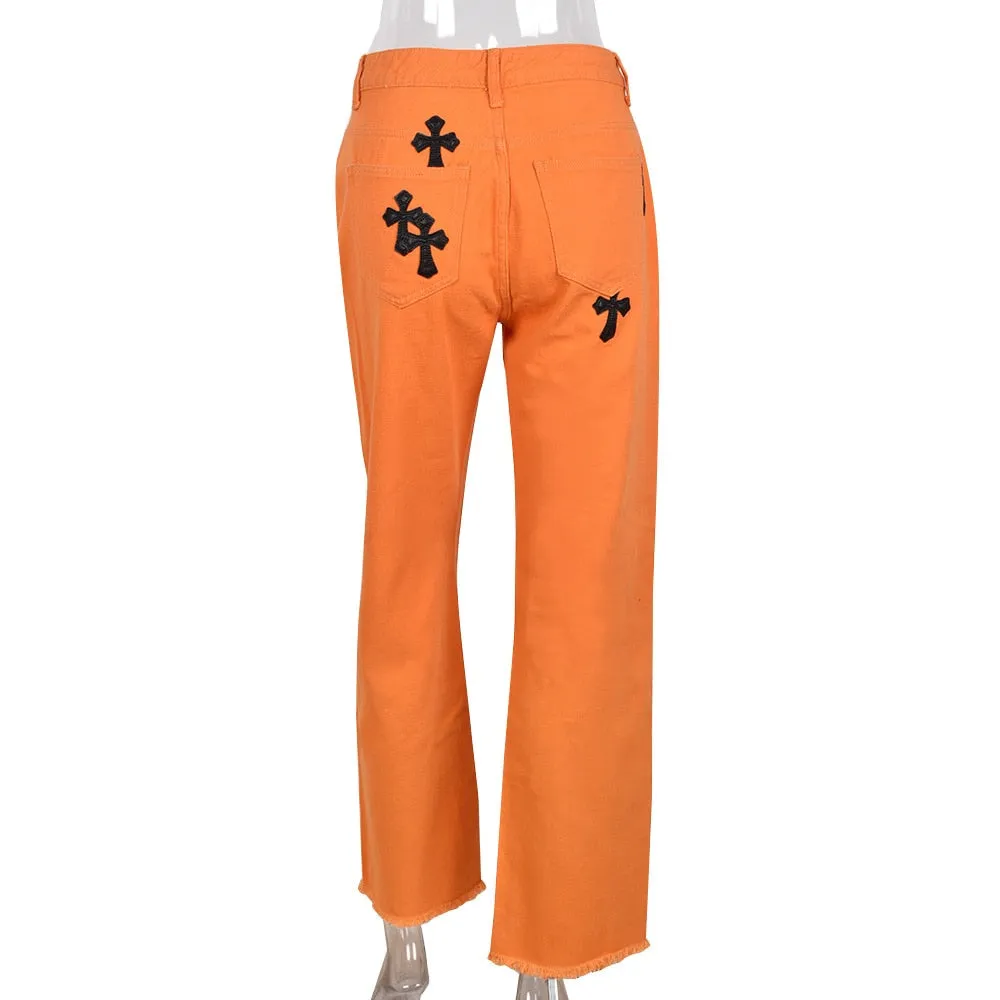 FashionSierra - Sifreyr Cross Embroidery Orange Jeans Women Low Waist Straight Streetwear Casual Baggy Jeans