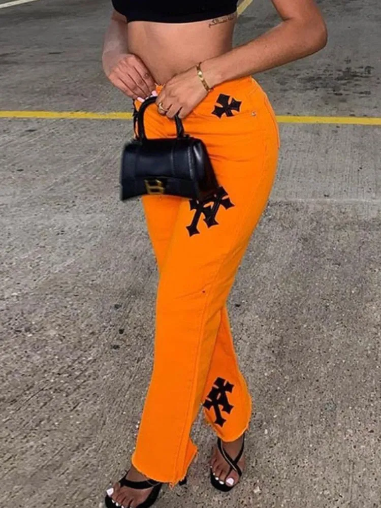 FashionSierra - Sifreyr Cross Embroidery Orange Jeans Women Low Waist Straight Streetwear Casual Baggy Jeans