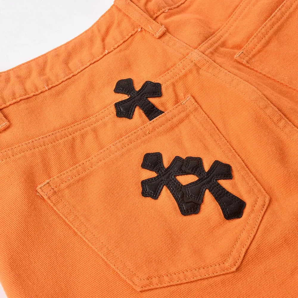 FashionSierra - Sifreyr Cross Embroidery Orange Jeans Women Low Waist Straight Streetwear Casual Baggy Jeans