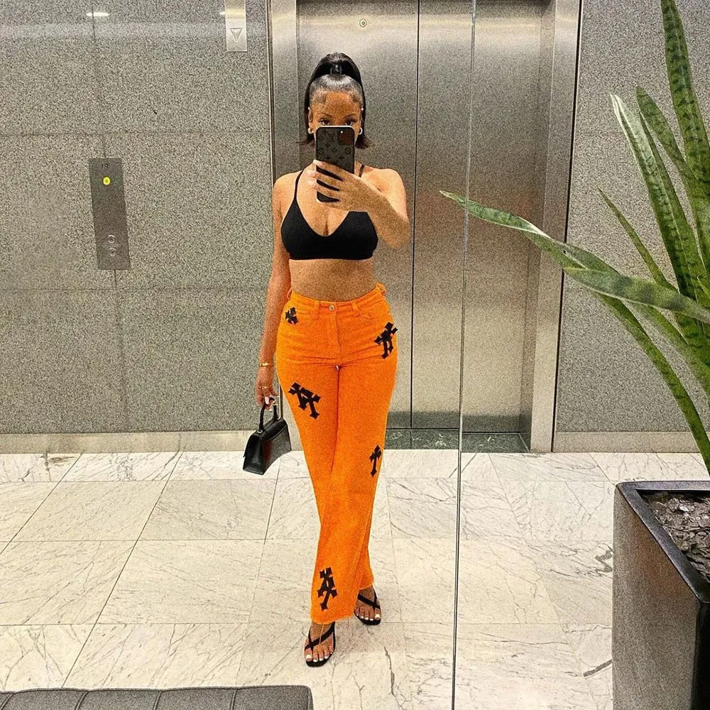 FashionSierra - Sifreyr Cross Embroidery Orange Jeans Women Low Waist Straight Streetwear Casual Baggy Jeans