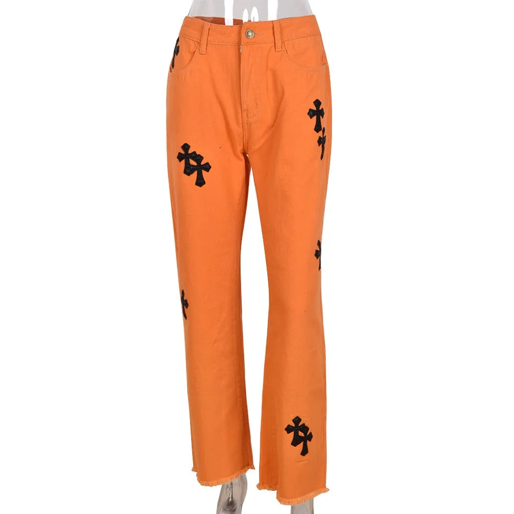 FashionSierra - Sifreyr Cross Embroidery Orange Jeans Women Low Waist Straight Streetwear Casual Baggy Jeans