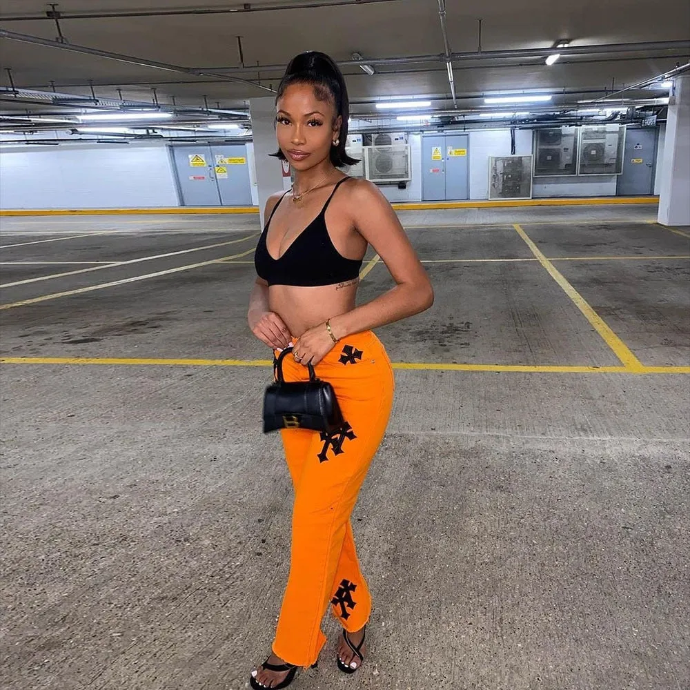 FashionSierra - Sifreyr Cross Embroidery Orange Jeans Women Low Waist Straight Streetwear Casual Baggy Jeans