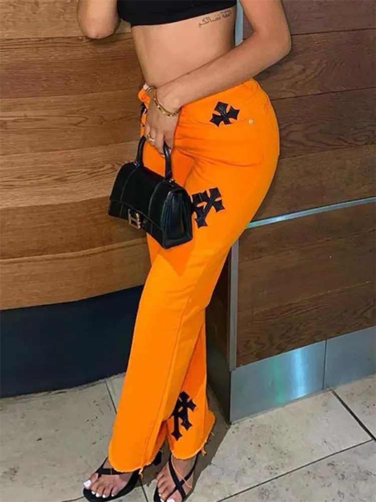 FashionSierra - Sifreyr Cross Embroidery Orange Jeans Women Low Waist Straight Streetwear Casual Baggy Jeans