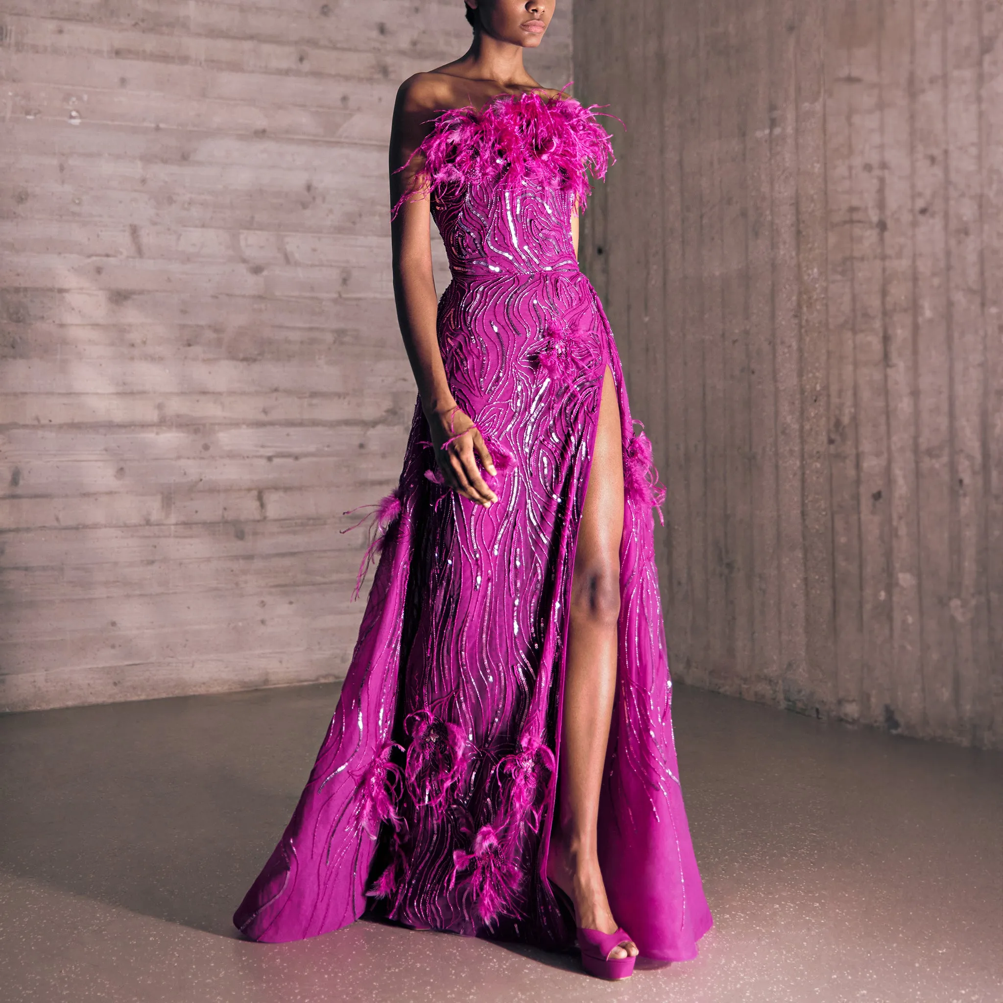 Floral Embroidered Asymmetrical Fuchsia Dress