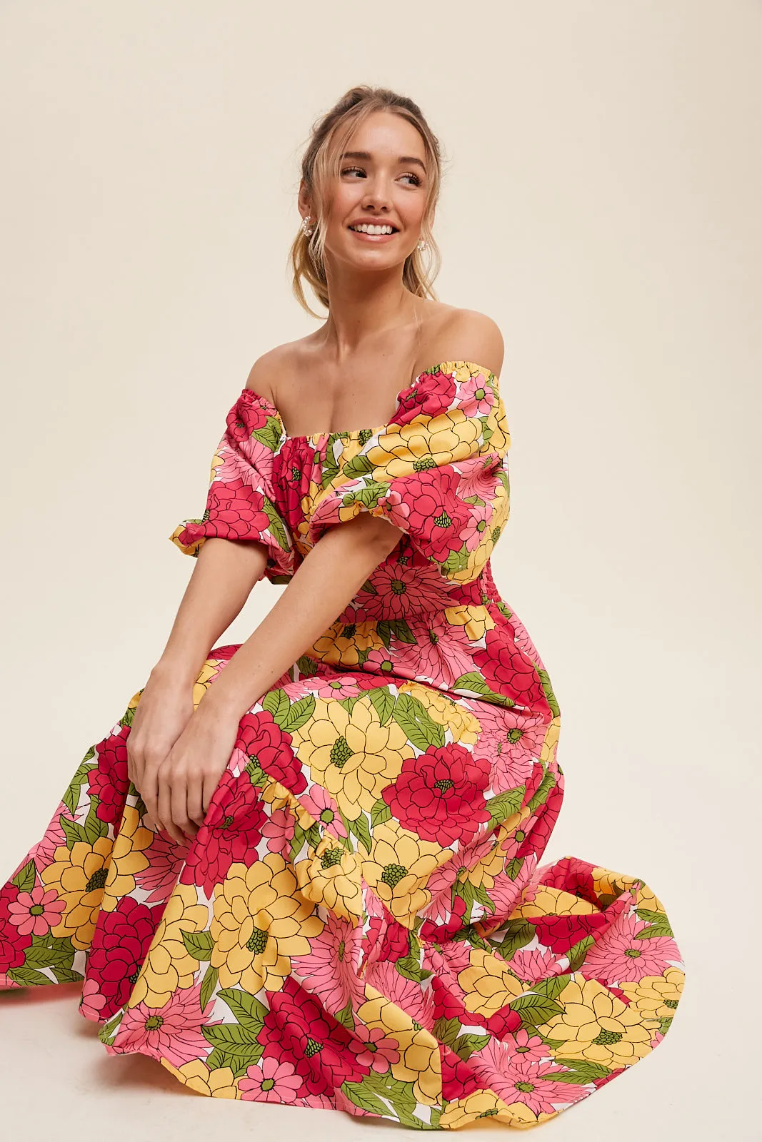 Flower Print Puff Sleeve Tiered Midi Dress