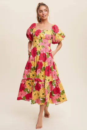 Flower Print Puff Sleeve Tiered Midi Dress