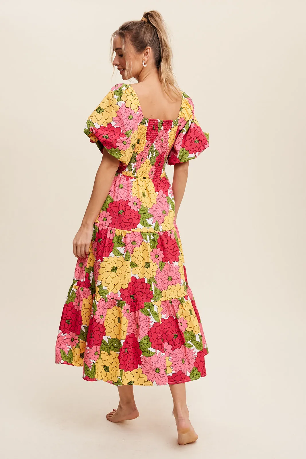 Flower Print Puff Sleeve Tiered Midi Dress