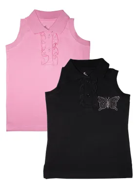 Girls Sleeveless Cotton Polo Tee-Pack of 2