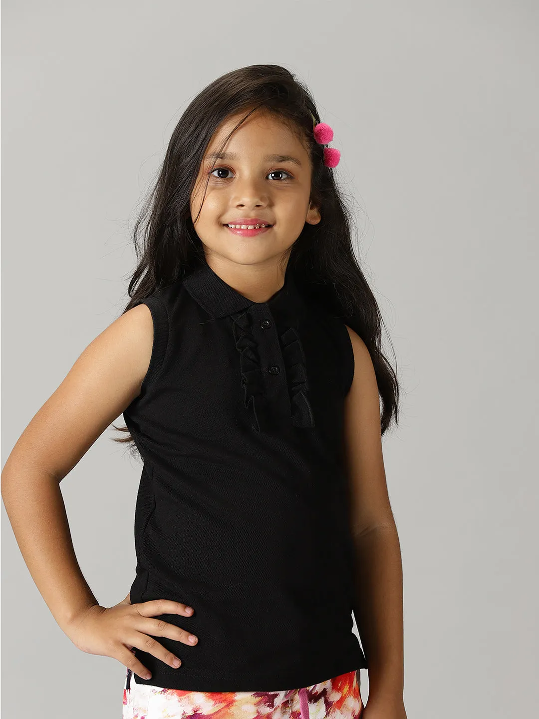 Girls Solid Sleeveless Polo Tee