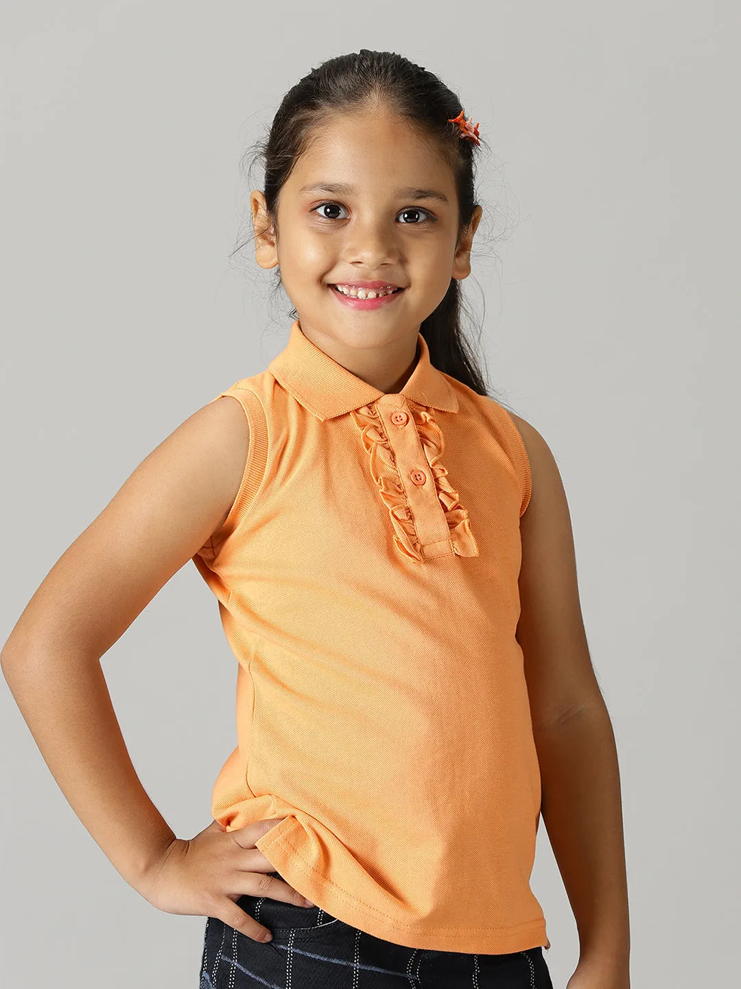 Girls Solid Sleeveless Polo Tee