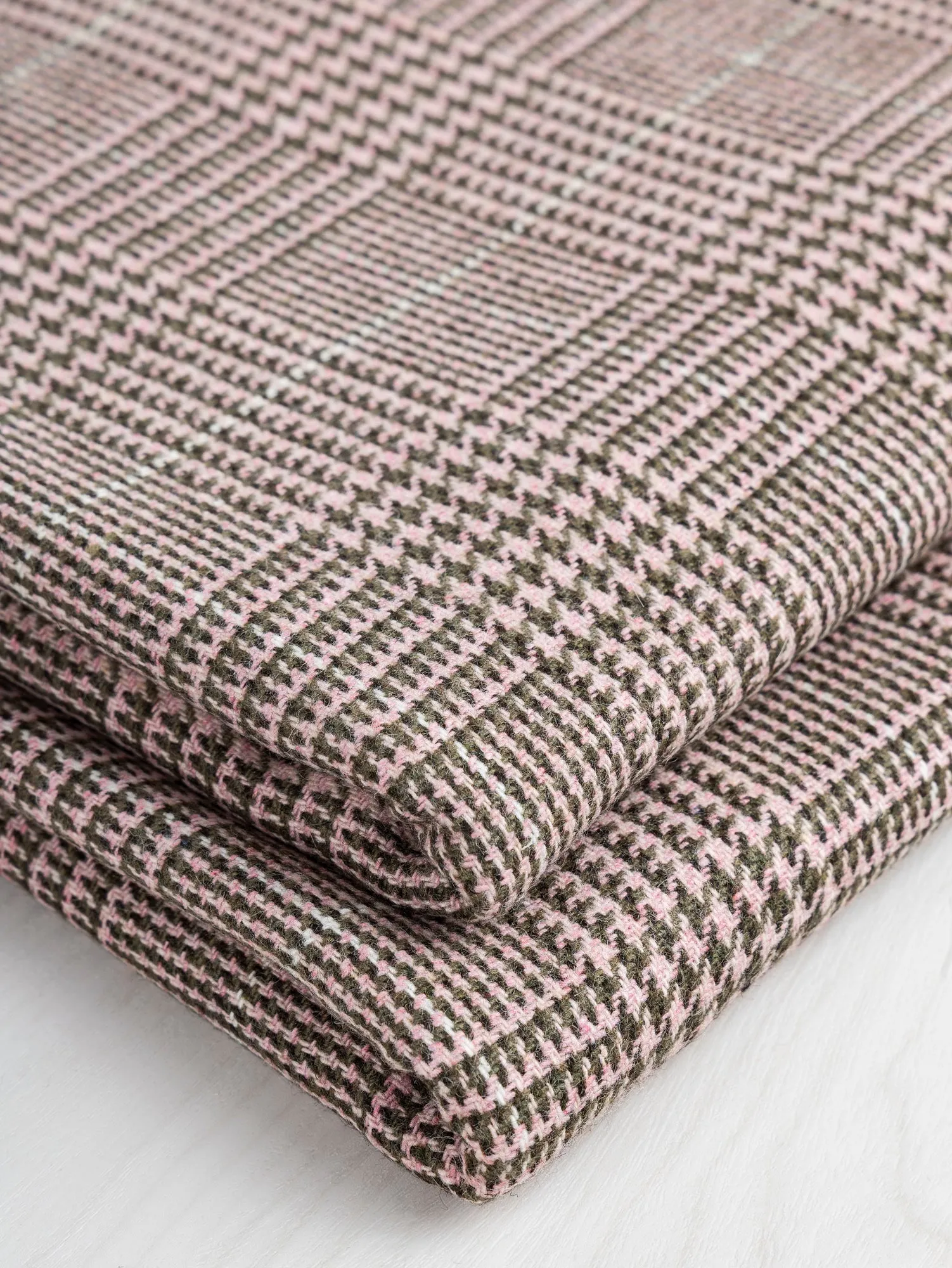 Glen Check Wool Viscose Blend Suiting Deadstock - Pink   Olive